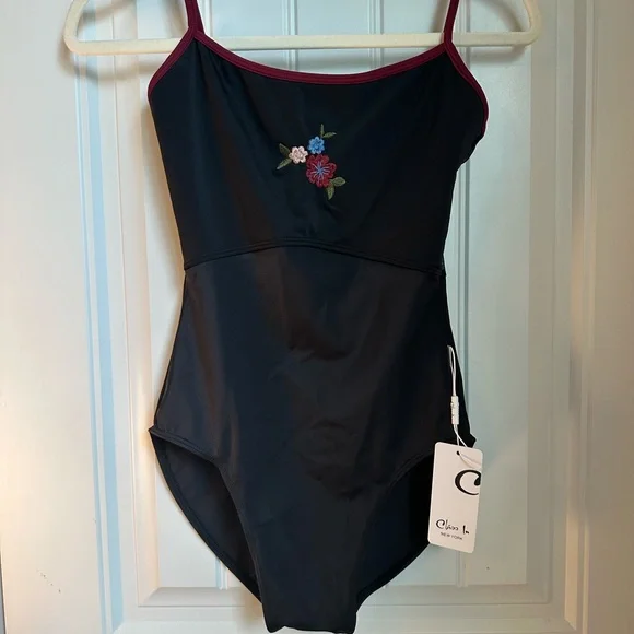 Class In Women's Black Leotard with Floral Embroidery - Picture 1 of 4